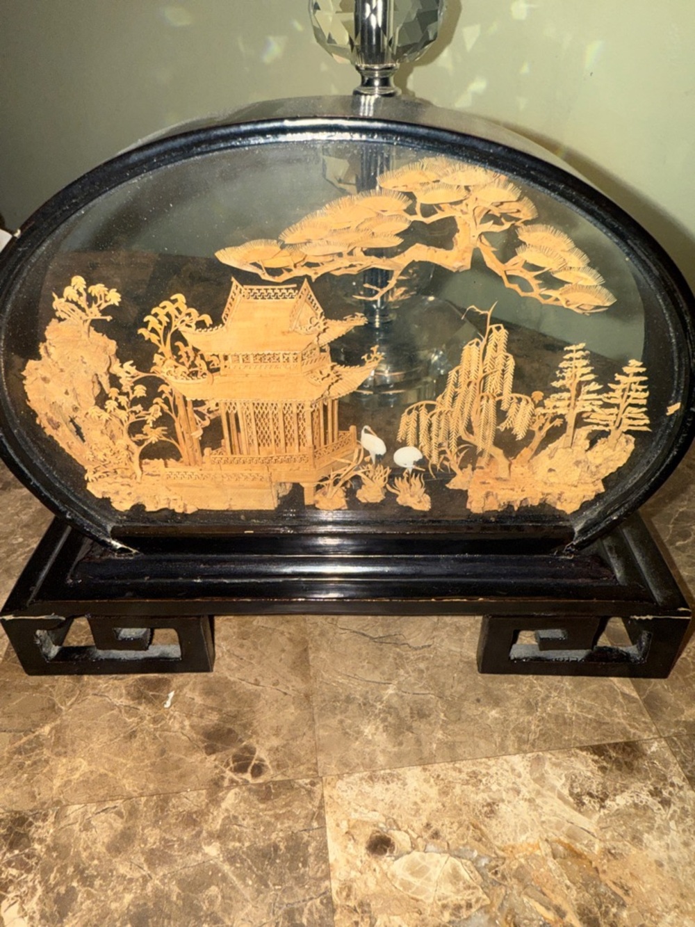 Vintage Cork Carving Chinese Diorama Glass Wooden Oval Frame on Attached Stand